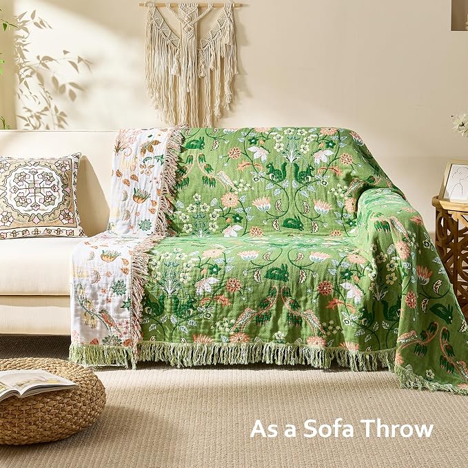 VANJOROY Boho Throw Blanket, 100% Organic Cotton Breathable Skin-Friendly Ultra Soft 80" x 90" Bed Quilt Green Throw - Floral Rustic Decor Luxury Reversible Blanket for Sofa Couch Chair and Gift,