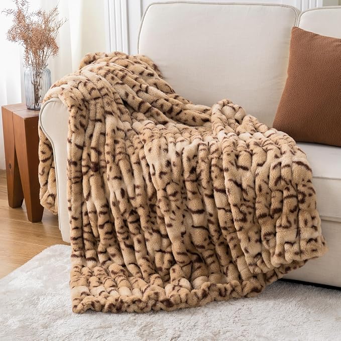 BATTILO Faux Fur Throw Blanket for Couch, 50"x60", Double Side | Cozy Mink Plush Soft Bubble Blanket, Leopard Print Faux Fur Blanket For Bed, Sofa, Living Room