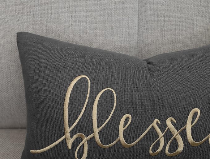 EURASIA DECOR Blessed Embroidered Lumbar Pillow Cover 12x20, Dark Grey | Raised muted gold script on dark grey; scripture faith gift, hidden zip, solid back, cover only