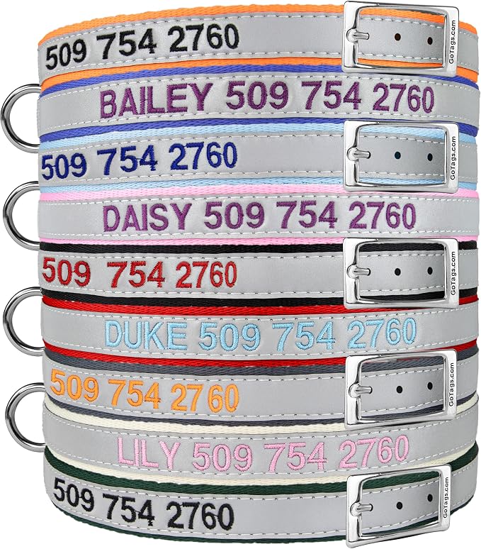 GoTags Embroidered Reflective Dog Collars with Metal Buckle, Personalized Dog Collar Custom Embroidered with Pet Name and Phone Number, Sizes for Puppy and Dogs Extra Small, to Medium and Large