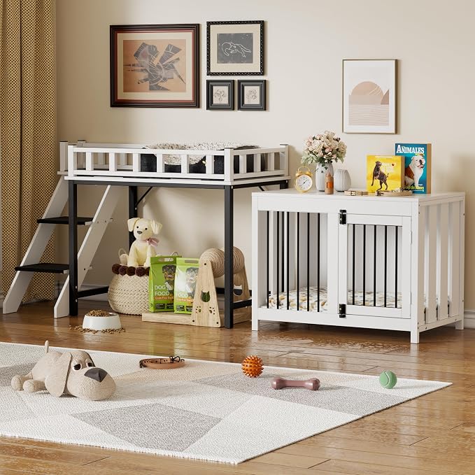 PAKASEPT Pet Bunk Bed,Dog Window Perch with Stairs and Storage, Dogs/Cats Crate Furniture, with Multi-Purpose Blanket and Indoor Dog Bed for Small Medium Size