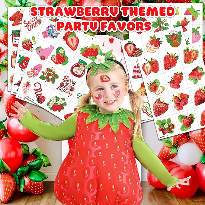 96PCS Strawberry Berry Pre-Cut Temporary Tattoos for Kids | Super Cute 1st Themed Birthday Party Favors, Supplies, Decorations, Funny Fake Tattoo Stickers (Multiple)