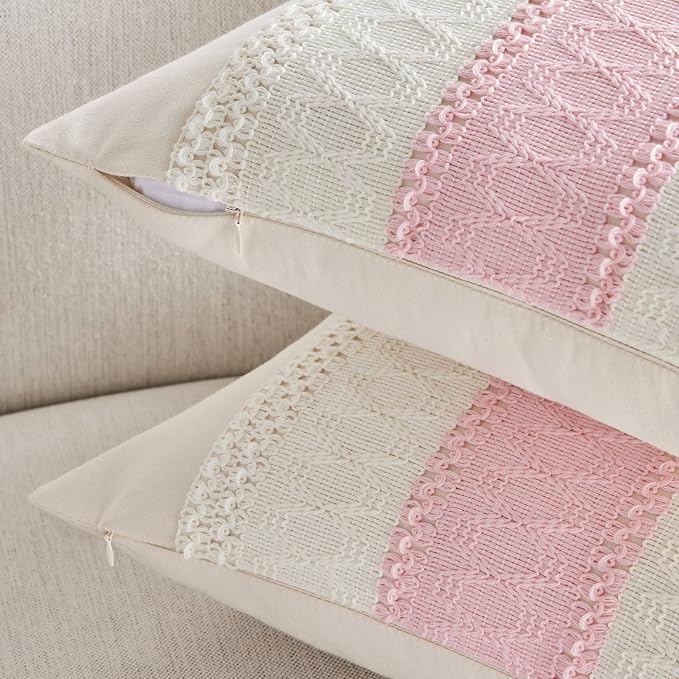 2 Pack Boho Throw Pillow Covers, Contrast Light Pink 16x16in | Soft Breathable Cotton, Farmhouse Decorative Couch Pillow Cases, Cushion Covers for Sofa Bed Living Room Home Decor