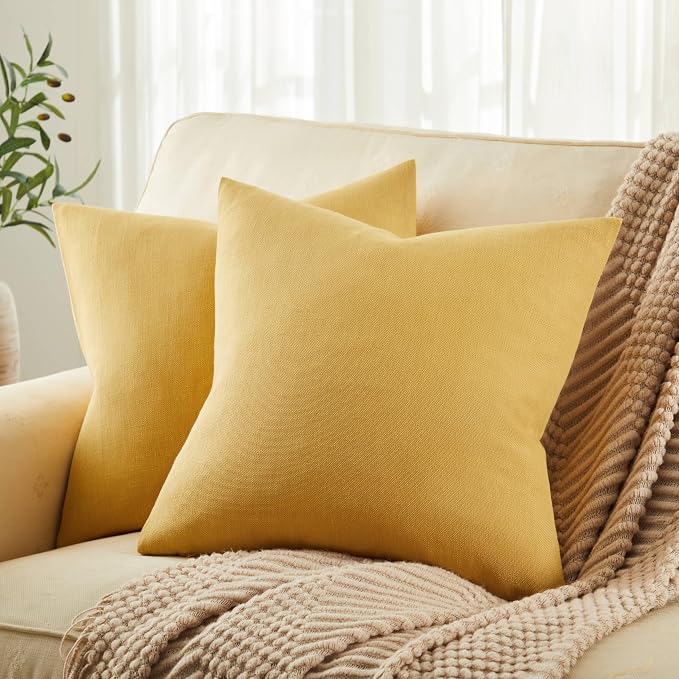 Rustic Linen Throw Pillow Covers Set of 2, Yellow 18x18in | Textured Pillow Case, Rustic Cotton Linen Fabric, Modern Farmhouse Cushion Covers for Sofa Bed Living Room Home Decor