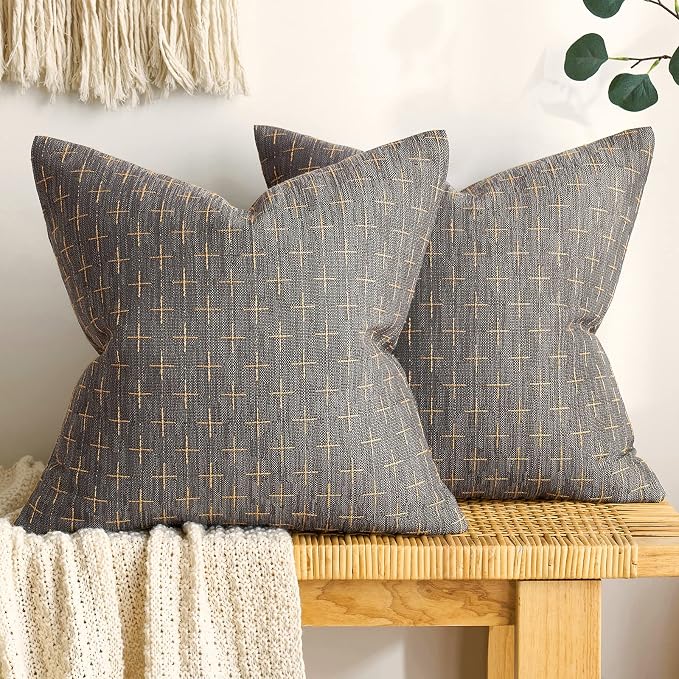 MIULEE Pack of 2 Decorative Burlap Linen Throw Pillow Covers Modern Farmhouse Vintage Pillowcase Rustic Woven Textured Cushion Cover for Sofa Couch Bed 20x20 Inch Dark Grey