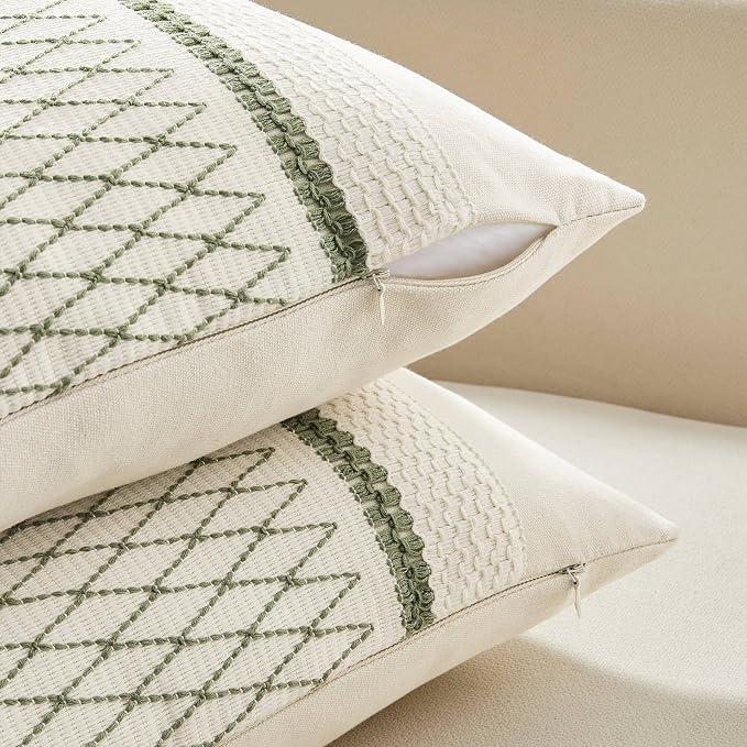 2 Pack Boho Throw Pillow Covers, Grid Green 20x20in | Soft Breathable Cotton, Farmhouse Decorative Couch Pillow Cases, Cushion Covers for Sofa Bed Living Room Home Decor