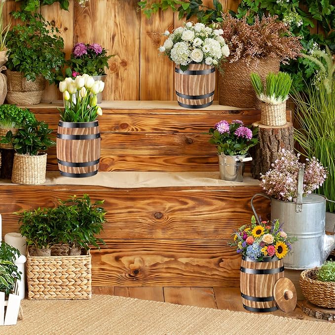 GlikCeil 2 Pcs Wood Wine Barrel Vase Vintage Flower Vase Container Rustic Barrel Planter for Wedding Reception Table Decoration Home Indoor Outdoor Garden Kitchen Party (6.3 x 5.5 Inch)