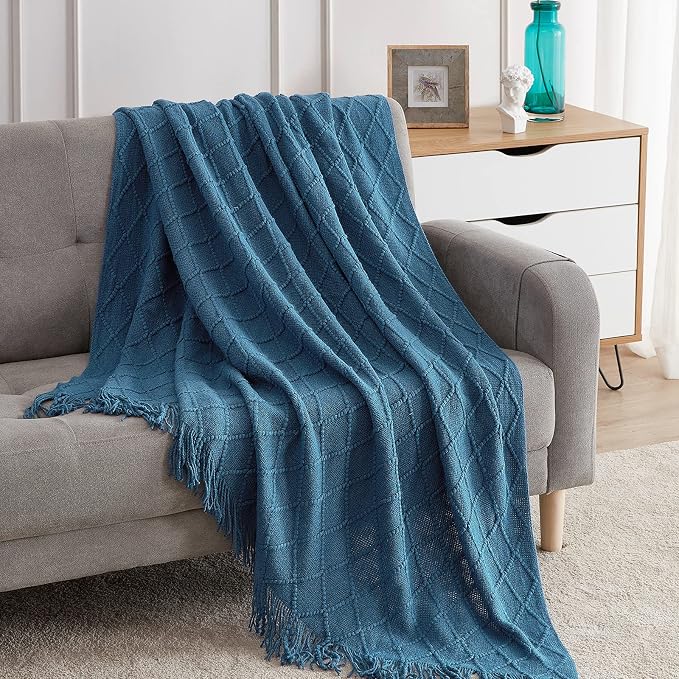 BOURINA Royal Blue Throw Blanket 50x90 Inch Knitted Soft Throw Sofa Blanket | Knitted Throw Blanket 50x90 Inches, Soft Lightweight Boho Weave Throw Decorative Couch Blanket for Living Room Bedroom Chair