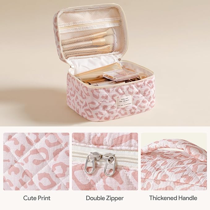 HBselect Quilted Makeup Bag, 3PCS Cotton Large Travel Makeup Bag, Cute Floral Coquette Make up Bag Cosmetic Bag Toiletry Bag for Women Girls