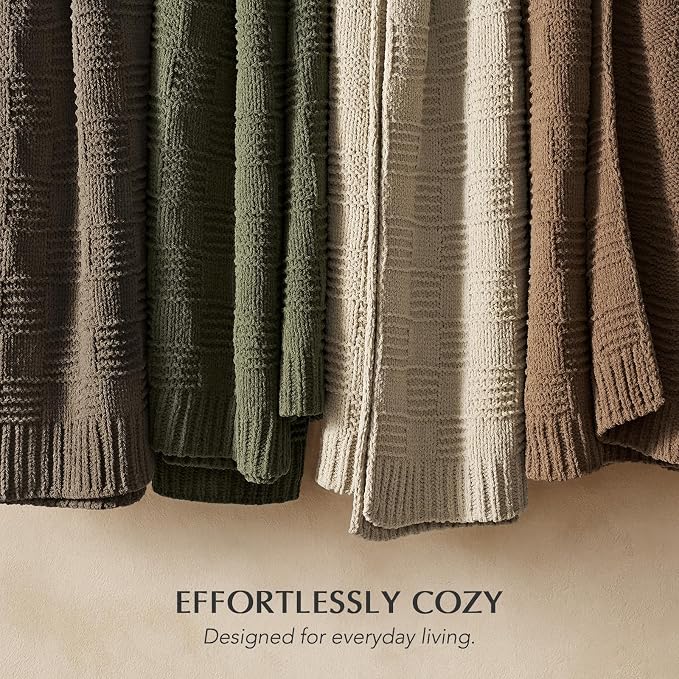 EVERGRACEHOME Modern Checkered Chenille Throw Blanket, 50x60, Sand Dune | Lightweight Warmth, All-Season Breathability, OEKO-TEX certified, Timeless Grid Pattern, Farmhouse Throw for Couch, Bed, Sofa