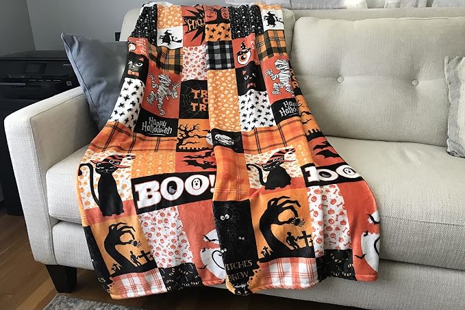 Halloween Fleece Throw Blanket, Patchwork Witch & Haunted House, 50x60 in | Ultra-soft cozy flannel fleece, for sofa couch bed chair & dorms, spooky Halloween décor, durable and machine washable.