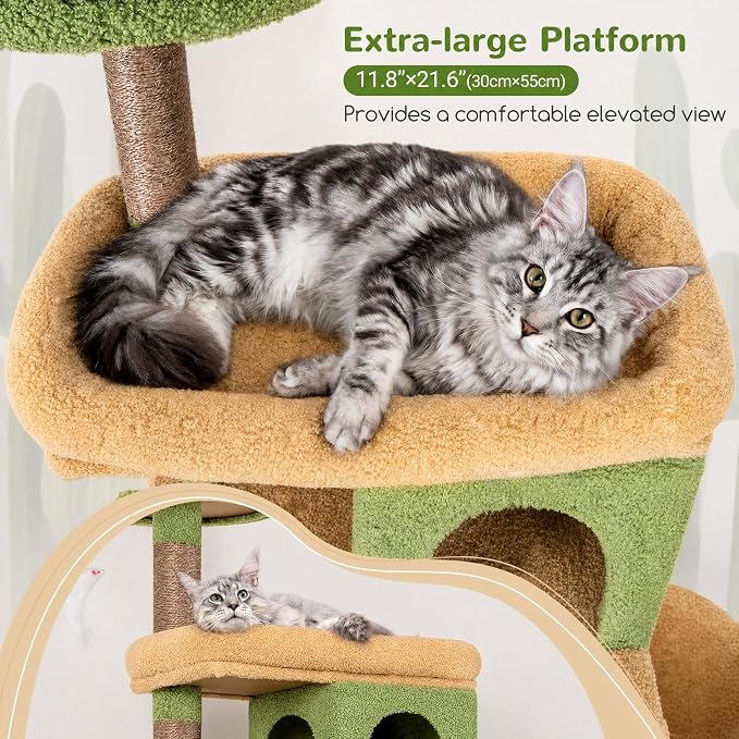 Globlazer Heavy Duty Cactus Cat Tree for Large Cats, Sturdy 72in Maine Coon Cat Tree for Large 20 lbs+ Cactus Cat Tower for Adult Biggest Cats with 6 Scratching Posts, Hammock, S72, Green
