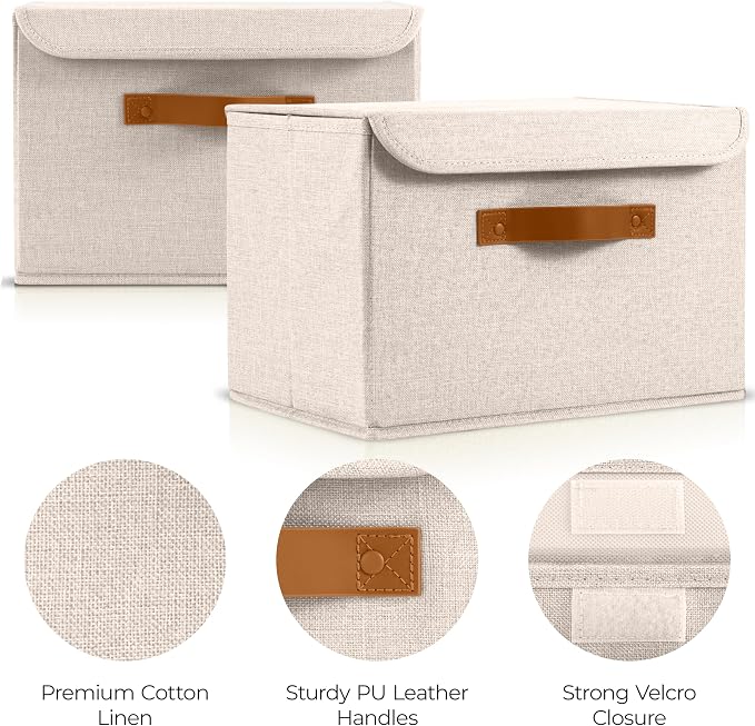Decorative Linen Storage Boxes with Lids - Large Set of 2 Organizer Bins | The Perfect Container for Home Decor - Safely Store Photos, Documents and Memory Box Keepsakes in Style