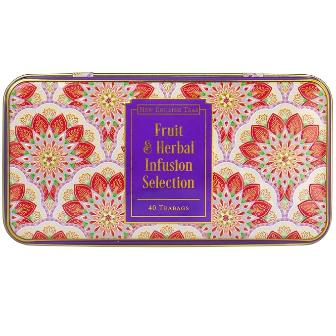 New English Teas Fruit & Herbal Tea Selection Gift Set – 40 Individually Wrapped Caffeine-Free Tea Bags in Decorative Floral Tin – Variety Pack including Peppermint, Berry, & Camomile