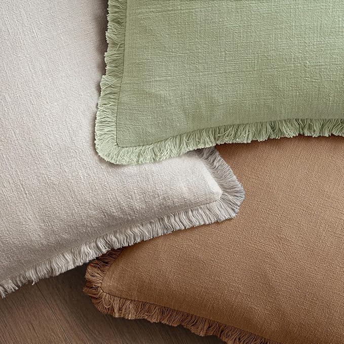 MIULEE Linen Fringe Decorative Euro Throw Pillow Covers Sage Green 22x22 | Set of 2, Cottagecore Decor, Boho Farmhouse Neutral Pillow Covers, Rustic Couch Cushion Cases for Sofa Bed Living Room