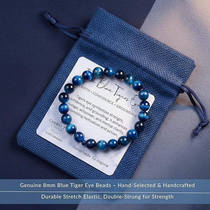 Cherry Tree Collection – Handmade Crystal Bracelets with Black Obsidian, Tiger’s Eye and 6 Other Gemstones for Men & Women – 8mm Beaded Bracelet for Healing, Protection & Positive Energy–Sizes S/M/L
