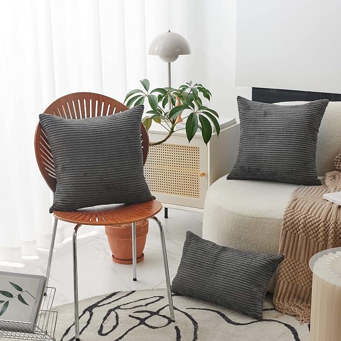 Home Brilliant 20x20 Striped Corduroy Pillow Cover Gray Square Soft Throw Pillow Cover Plush Velvet Pillowcase for Sofa Chair Bed, 20 x 20 inch (50cm), Dark Grey