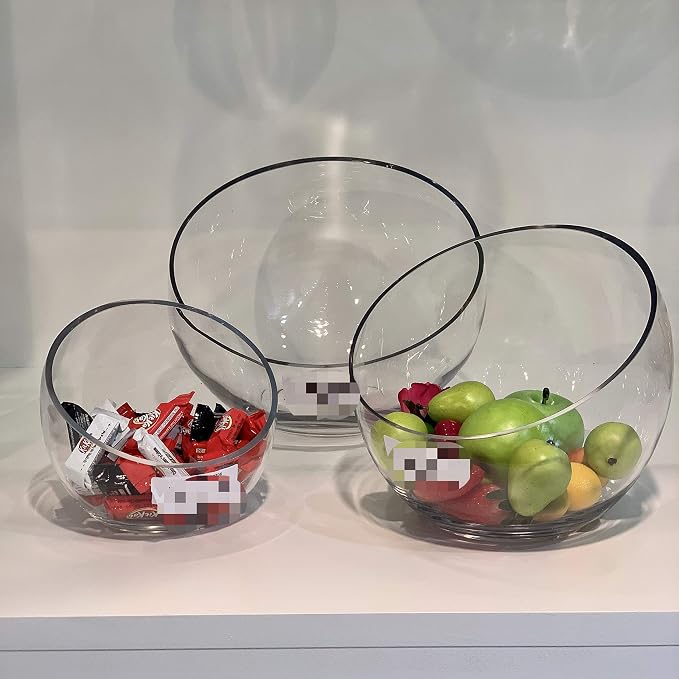 WGV Slant Cut Bowl Glass Vase Bulk, Width 9", Height 8.25", Clear Terrarium, Candy Dish, Fruit Jar, Floral Container for Wedding Party Event, Home Office Decor, 4 Pieces