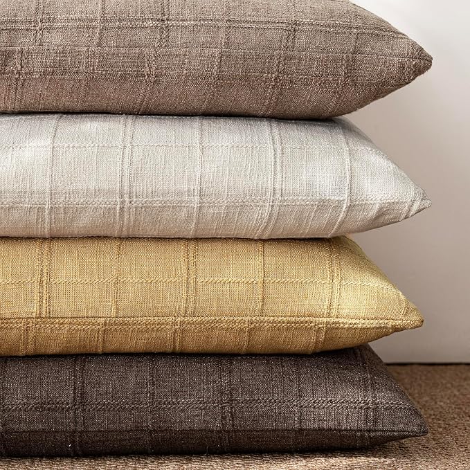Foindtower Set of 2 Decorative Linen Check Throw Pillow Covers Neutral Farmhouse Lumbar Cushion Covers Modern Boho Accent Home Decor for Sofa Chair Couch Bedroom Living Room,12×20 Inch,Amber Gold