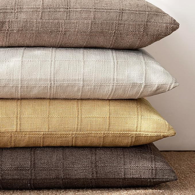 Foindtower Set of 2 Decorative Linen Check Throw Pillow Covers Neutral Farmhouse Vintage Cushion Covers Modern Boho Accent Home Decor for Sofa Chair Couch Bedroom Living Room,18×18 Inch,Amber Gold