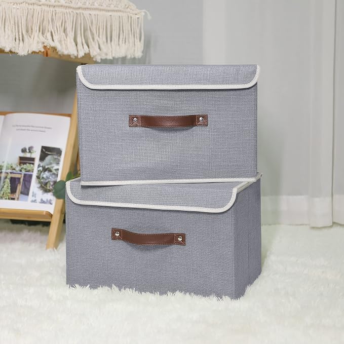 ANMINY Fabric Storage Box Bins with Lids, Gray, 13"x9"x7.9" | Keepsake Memory Storage, Cotton Linen, PP Board Reinforced, Washable, PU Handles, Foldable & Stackable, Decorative, Medium