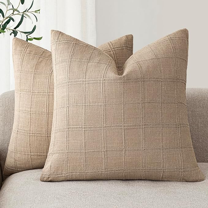 Foindtower Set of 2 Decorative Linen Check Throw Pillow Covers Neutral Farmhouse Vintage Cushion Covers Modern Coastal Boho Home Decor for Sofa Chair Couch Bedroom Living Room,24×24 Inch,Camel