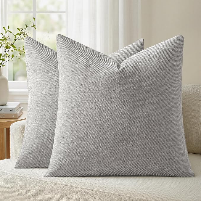 a moment Pack of 2 Decorative Chenille Throw Pillow Covers with Twill Cushion Covers for Sofa Living Room Couch Bed 18x18 Inch Grey