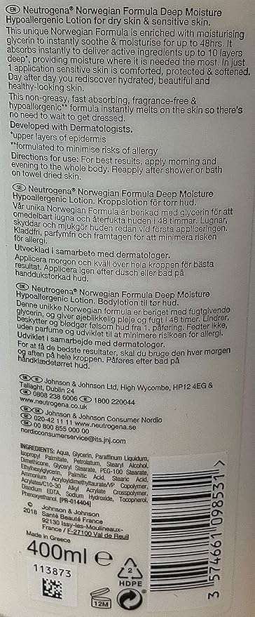 NEUTROGENA Norwegian Formula Deep Moisture Hypoallergenic Body Lotion (Pack of 3) For Dry Skin - (13.5oz or 400ml)