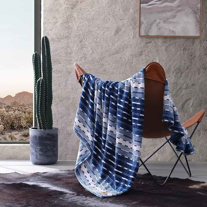 Wrangler - Blanket, Super Soft Sherpa Bedding, Yellowstone Inspired Throw Blanket for Couch or Bed (Logan Stripe Blue, 50" x 60")