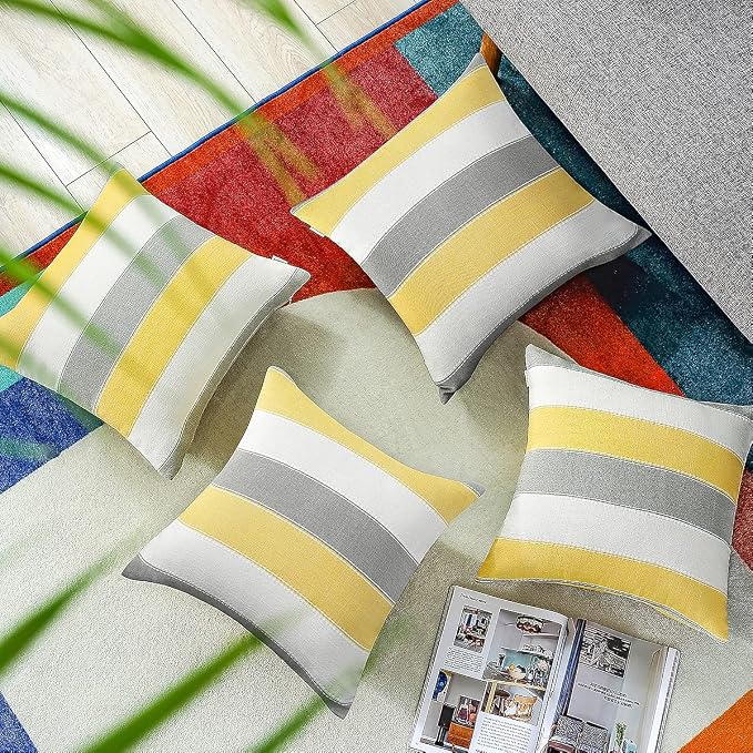 Pack of 2 Farmhouse Stripe Check Throw Pillow Covers Set Case Cotton Linen Decorative Pillowcases Cushion Cover for Couch Bench Sofa 16x16Inch Yellow Beige