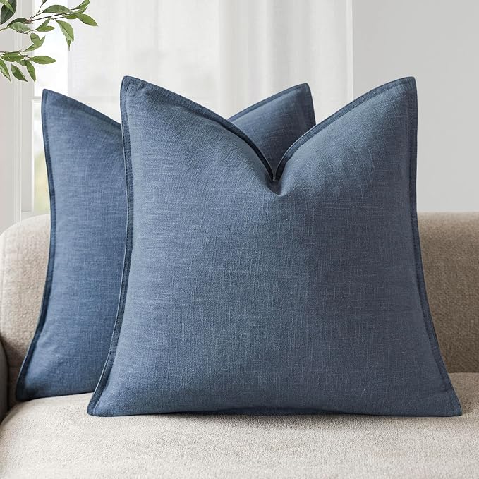 Foindtower Pack of 2, Decorative Linen Solid Throw Pillow Covers Soft Accent Euro Cushion Case Farmhouse Neutral Pillowcase for Chair Couch Sofa Bedroom Living Room Home Decor 20 x 20 Inch Dark Blue