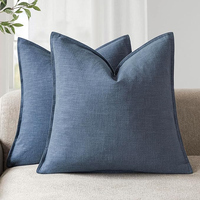 Foindtower Pack of 2, Decorative Linen Solid Throw Pillow Covers Soft Accent Euro Cushion Case Farmhouse Neutral Pillowcase for Chair Couch Sofa Bedroom Living Room Home Decor 26 x 26 Inch Dark Blue