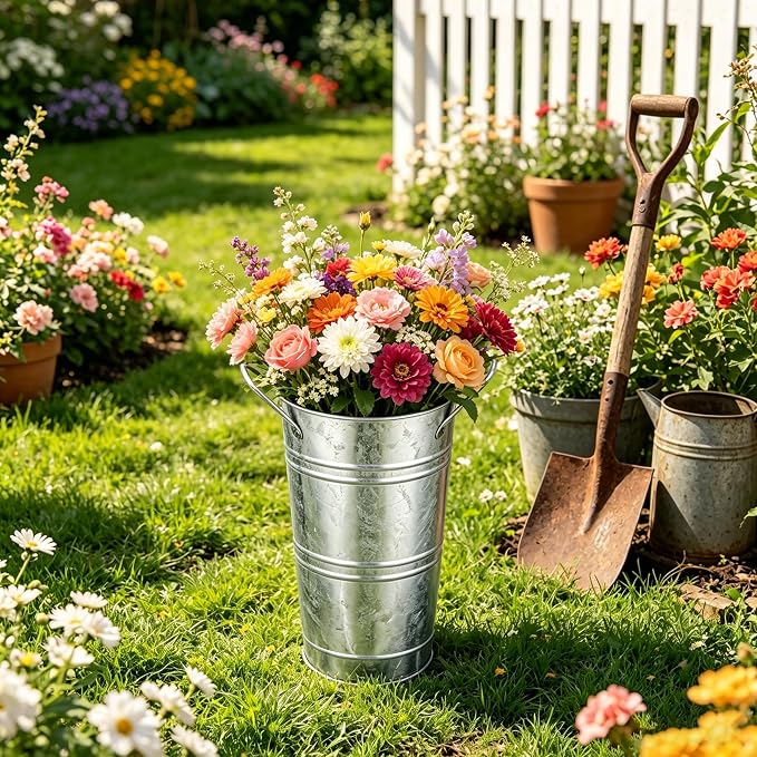 8 Pack Galvanized Metal Flower Buckets, 10 Inch French Country Style Decor Planter Rustic Vintage Tin Vase with Handle Farmhouse Style Floral Container Wedding Table