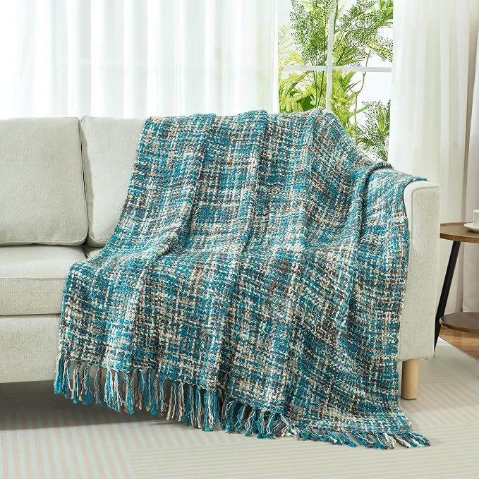 Multi-Color Cable Woven Throw Blanket for Couch - 60"X80" | Multicolored Boho Style,Super Soft Warm Cozy Chunky Blankets with Decorative Tassels for Bed and Sofa,Teal