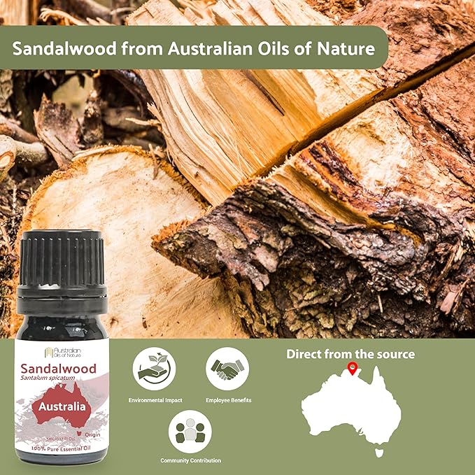 Sandalwood Essential Oil - Direct from Australian Oils of Nature - Steam Distilled - Aceite Esencial de Sándalo for Aromatherapy, Massage, Diffuser, DIY Candle and Soap Making - 8oz