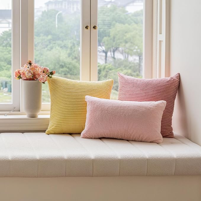 Home Brilliant Pink Throw Pillow for Bedroom Stripe Plush Velvet Corduroy Throw Euro Pillow Sham Decorative Pillow Cover for Sofa Wedding for Room, 26 x 26 inch (66cm), Baby Pink