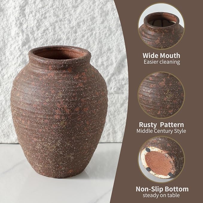 Ceramic Flower Vase 7.4 inch Farmhouse Rustic Vase for Home Decor Handcrafted Pottery Vase Small Terracotta Vases for Dining Table Decor Fireplace Living Room Bathroom Wedding Centerpiece