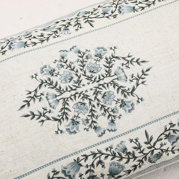 Designer Linen Throw Pillow Cover,Set of 2,28"x12"-Segerman A | Elegant Chinoiserie Rectangle Pillow Cover,Concealed Zipper Design,Floral Pattern,Sofas,Bedroom,Living Room,Lounge Chairs