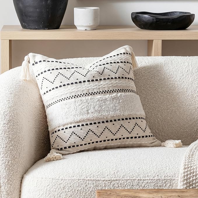 18X18 Throw Pillow Cover, Cream Neutral Square Decorative Cushion Cover with Black Pattern, Boho Accent Pillowcase with Tufted Details and Tassels for Couch Sofa Living Room (Cover Only)