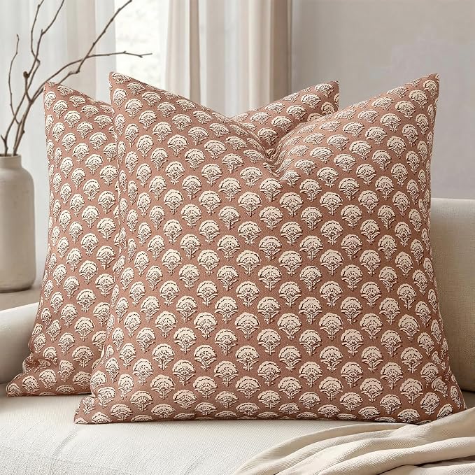 MIULEE Floral Print Decorative Pillow Covers 18x18, Almond | Vintage Boho Farmhouse Modern Home Decor, Set of 2, Block Print Cushion Covers for Couch Sofa Bed Living Room