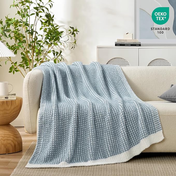 Snuggle Sac Ultra Soft Waffle Throw Blanket for Couch Bed Sofa 50x60 inches, Reversible Blue Cream Blanket Microfiber Fluffy Fuzzy Cozy Knit Soft Throws Birthday Gifts for Women
