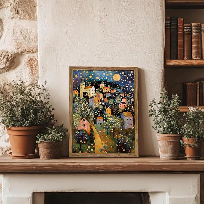Abstract Moon Stars Tree Framed Canvas Wall Art – Vintage Gustav Klimt Style Oil Painting Print, Village Night Landscape Decor for Living Room Bedroom Nursery Office 8x10 inch