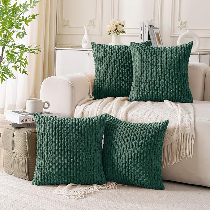 Set of 4 Dark Green Decorative Throw Pillow Covers 16x16 Inch Corduroy Pillow Covers for Bed Couch Sofa Living Room Soft Square Cushion Cases