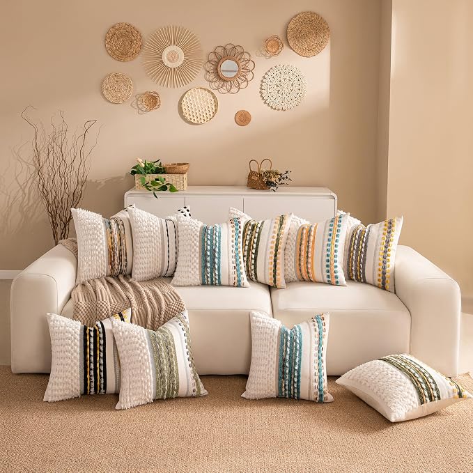 Boho Chenille Tufted Couch Throw Pillow Covers 18x18 Inch Set of 2 Farmhouse Striped Decorative Pillow Covers Accent Neutral Pillowcase Grey Yellow Cushion Cover for Living Room Sofa Bed