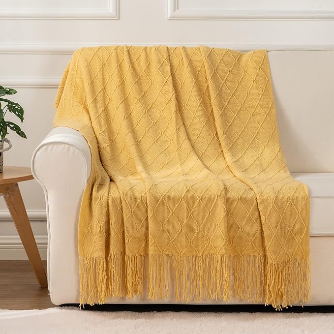 BATTILO HOME Yellow Throw Blanket with Fringe, Gold Bed Throws Spring Decorative Large Throw for Couch Sofa Indoor Outdoor (Yellow, 52"x80")