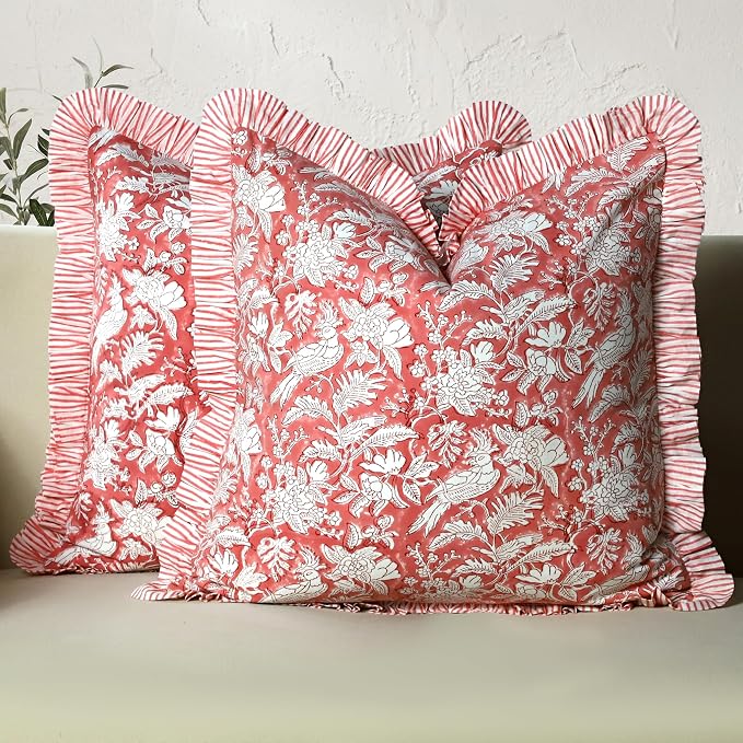 CPC Pink Coral Ruffle Throw Pillow Covers for Couch, 20x20 Inch Cotton Stripe Ruffle Couch Pillows for Living Room, Hidden 16 Inch Zipper Boho Pillow Case or Cute Outdoor Pillows