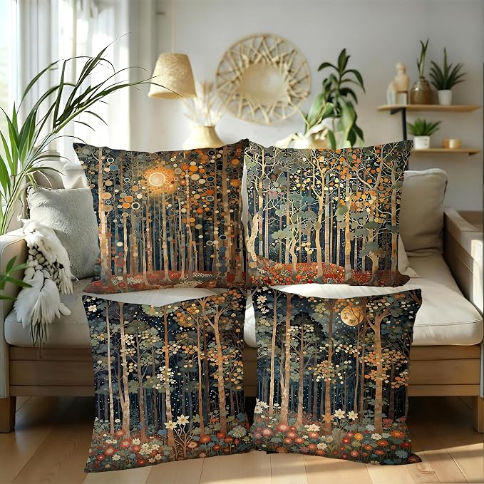 Rustic William Morris Inspired Autumn Forest Pillow Covers 20x20 Set of 4, Fall Home Room Decor, Vintage Botanical NatureDecorative Throw Pillow Covers for Home Bedroom Living Room