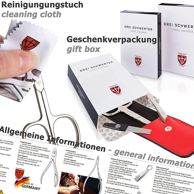 3 Swords Germany - brand quality 5 piece manicure pedicure grooming kit set for professional finger & toe nail care scissors clipper genuine leather brown case in gift box, Made in Germany