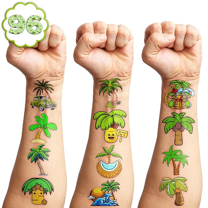 101 PCS Palm Tree Leaves Temporary Tattoos Birthday Party Decorations Supplies Favors Luau Hawaiian Themed Tropical Summer Palm Coconut Tree Beach Pool Decor Stickers Gift School Prizes Rewards