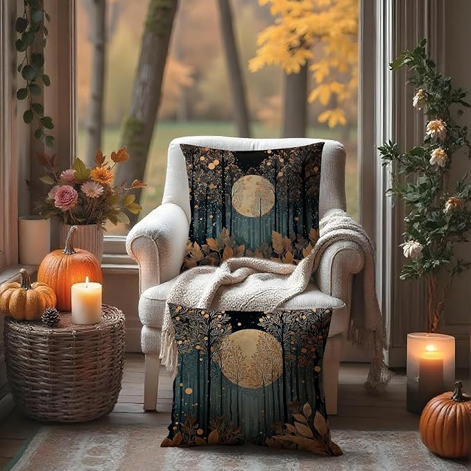 Vintage William Morris Inspired Gold Forest Moon Pillow Covers 18x18 Set of 2,Rustic Black and Gold Moon Landscape Nature Botanical Decorative Throw Pillow Covers for Home Bedroom Living Room